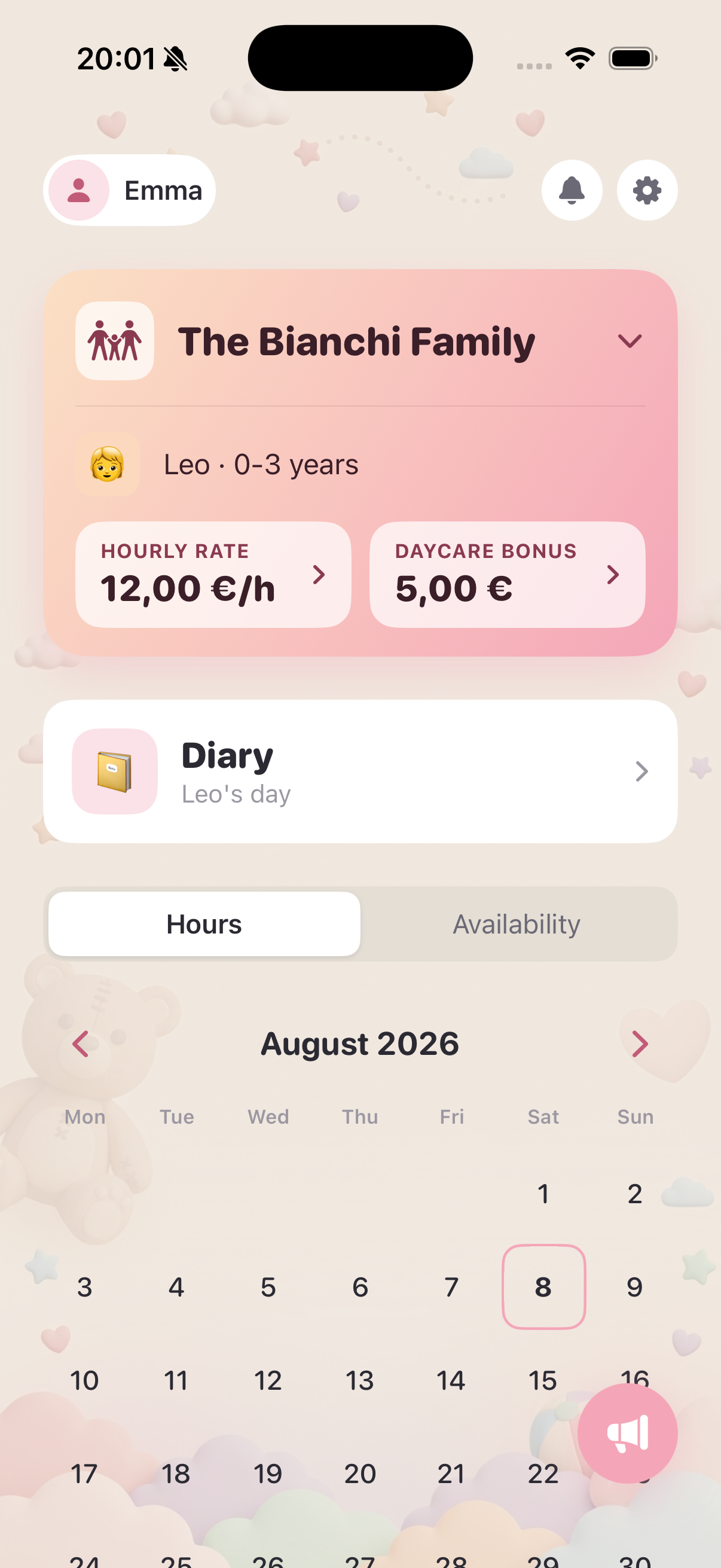 HappySitting — schermata Home con famiglia, tariffa, diario e calendario