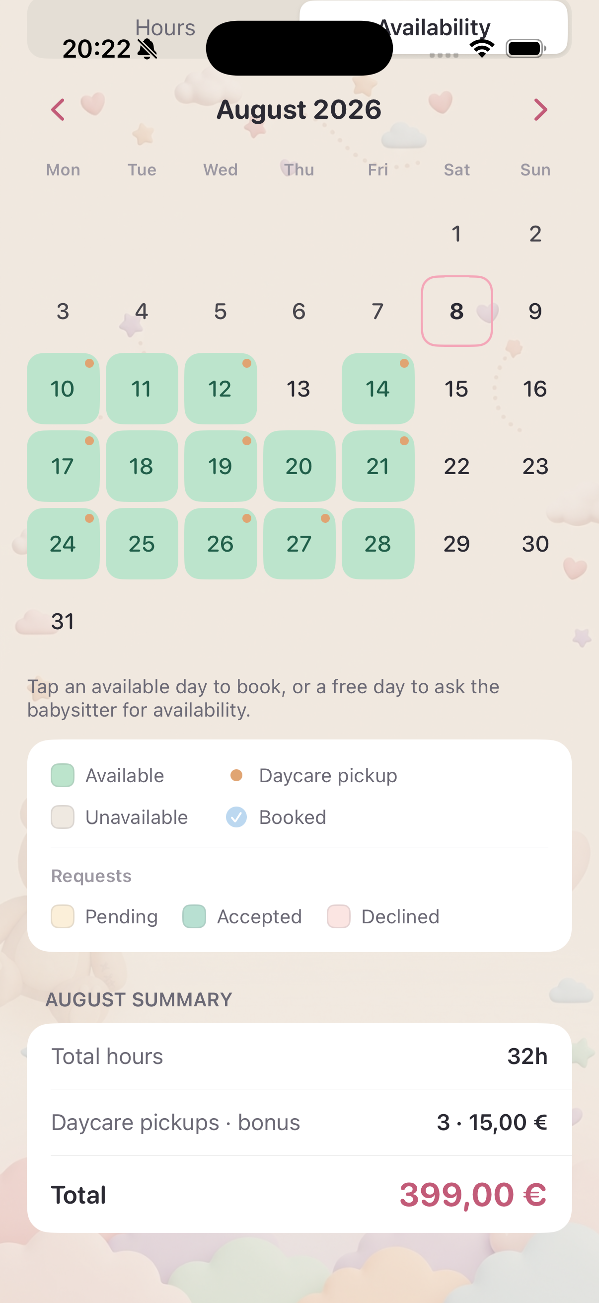 HappySitting — calendario disponibilità della babysitter