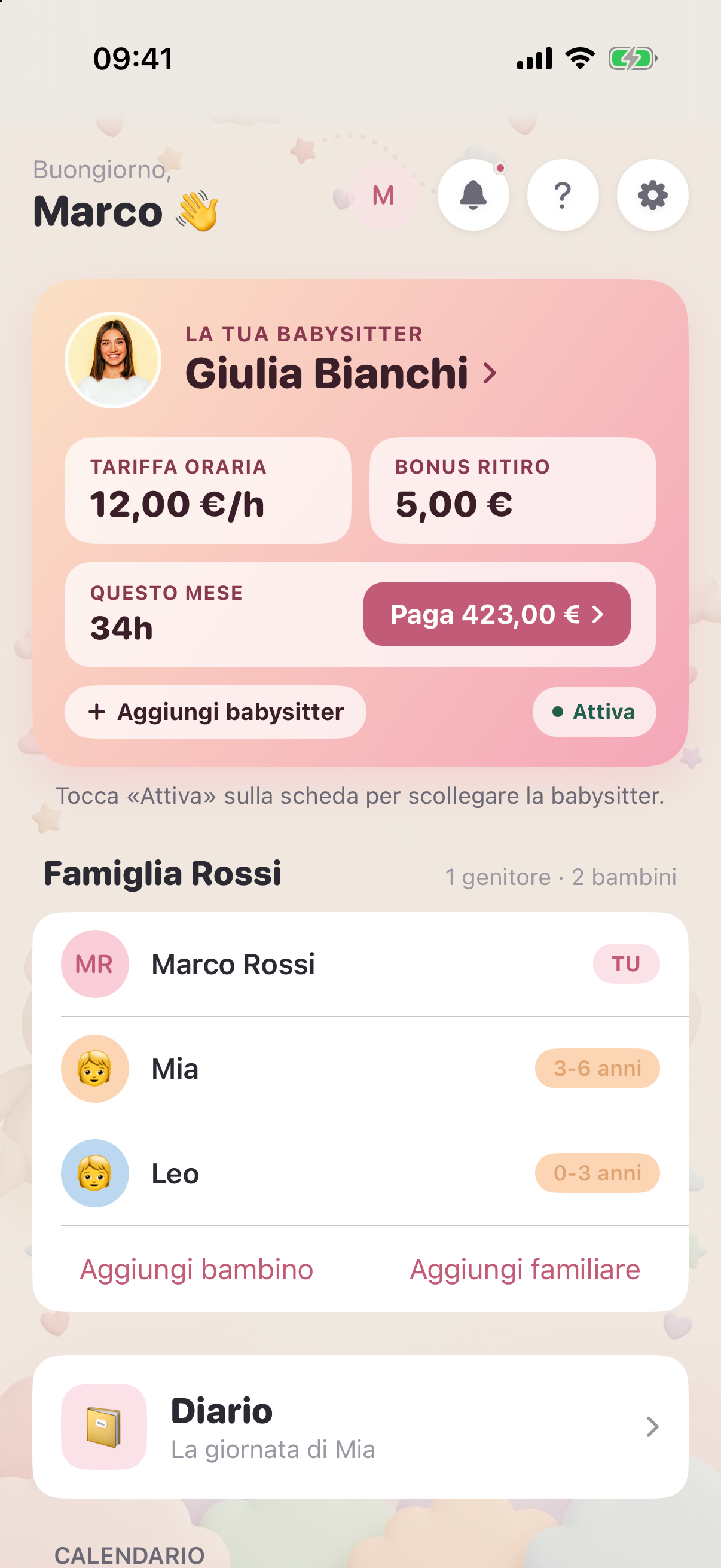 HappySitting — schermata Home con famiglia, tariffa, diario e calendario