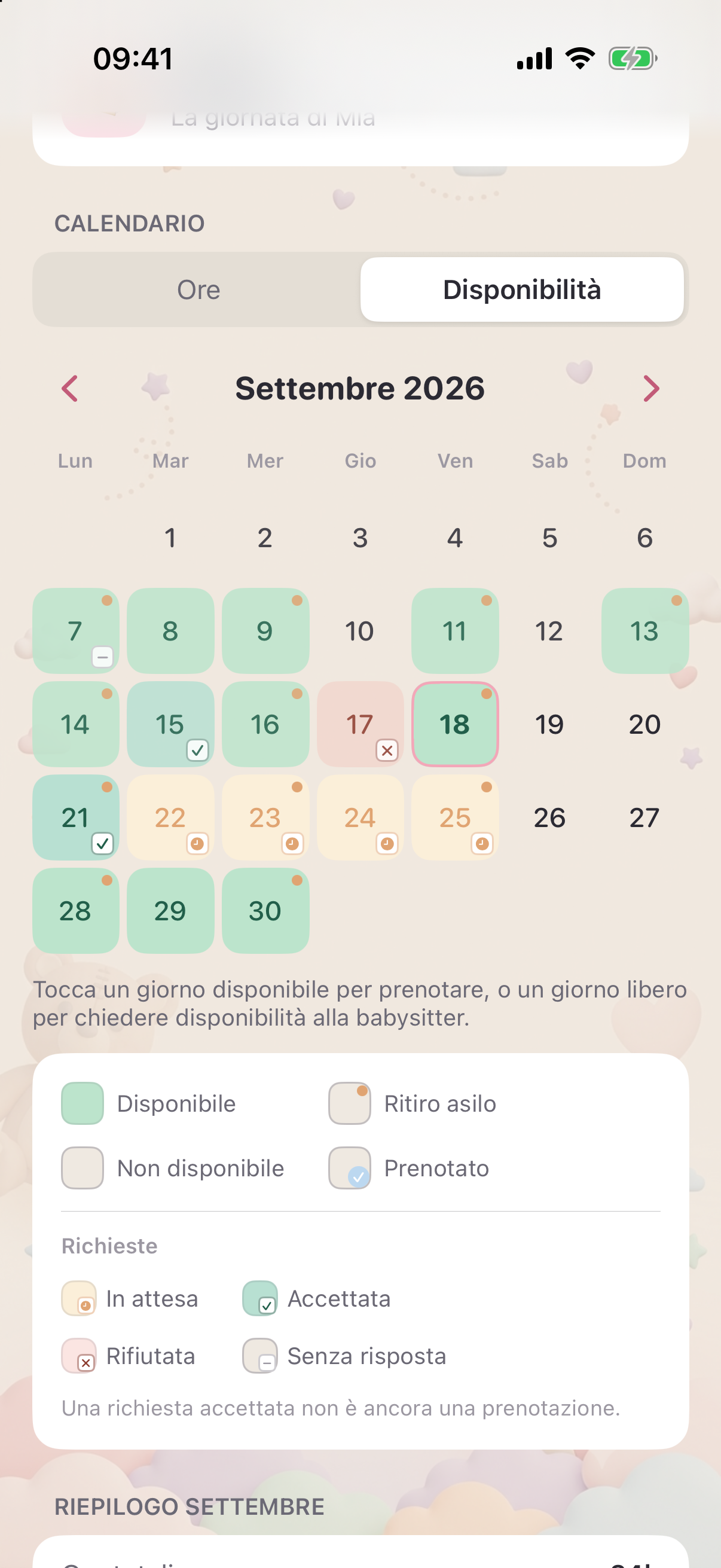 HappySitting — calendario disponibilità della babysitter