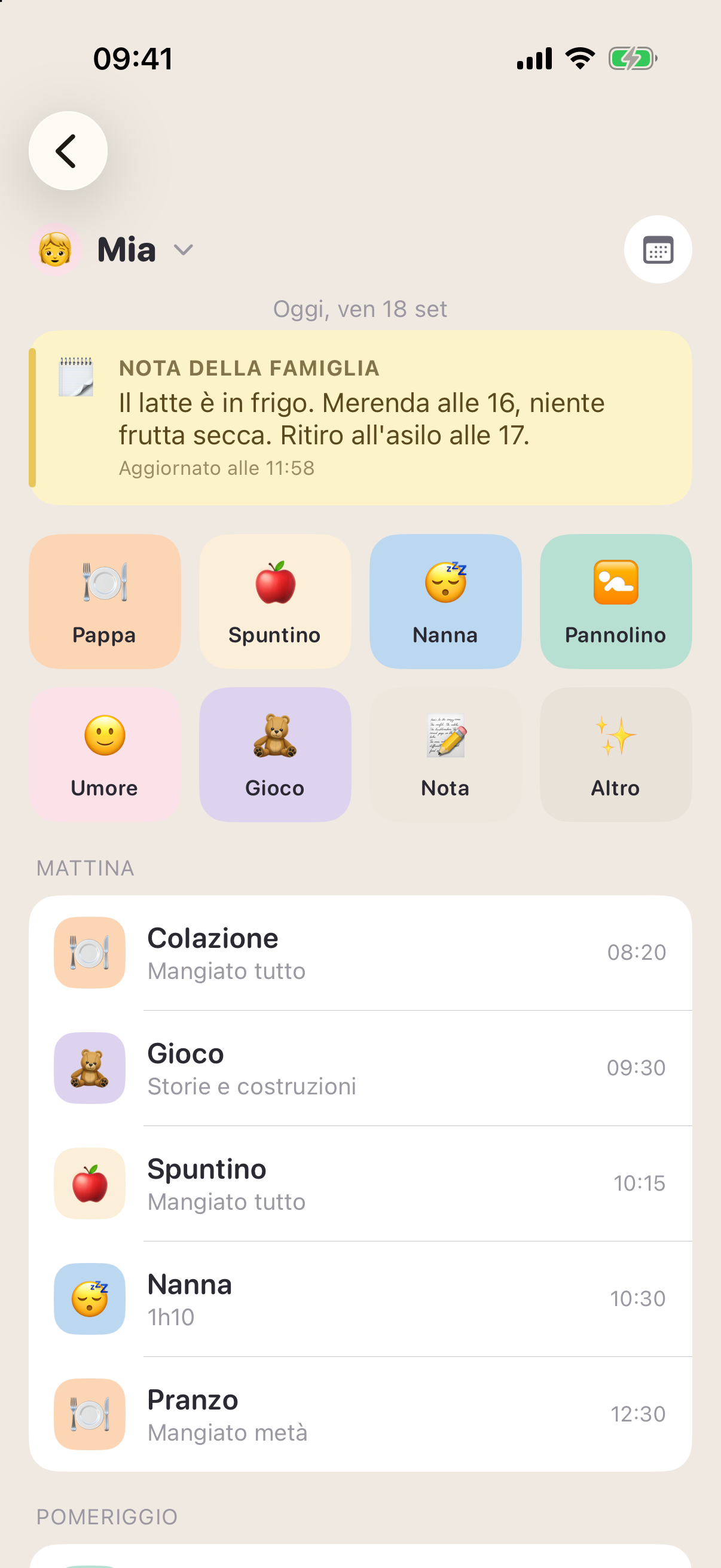 HappySitting — diario giornaliero del bambino con pasti, nanne, umore e nota della famiglia